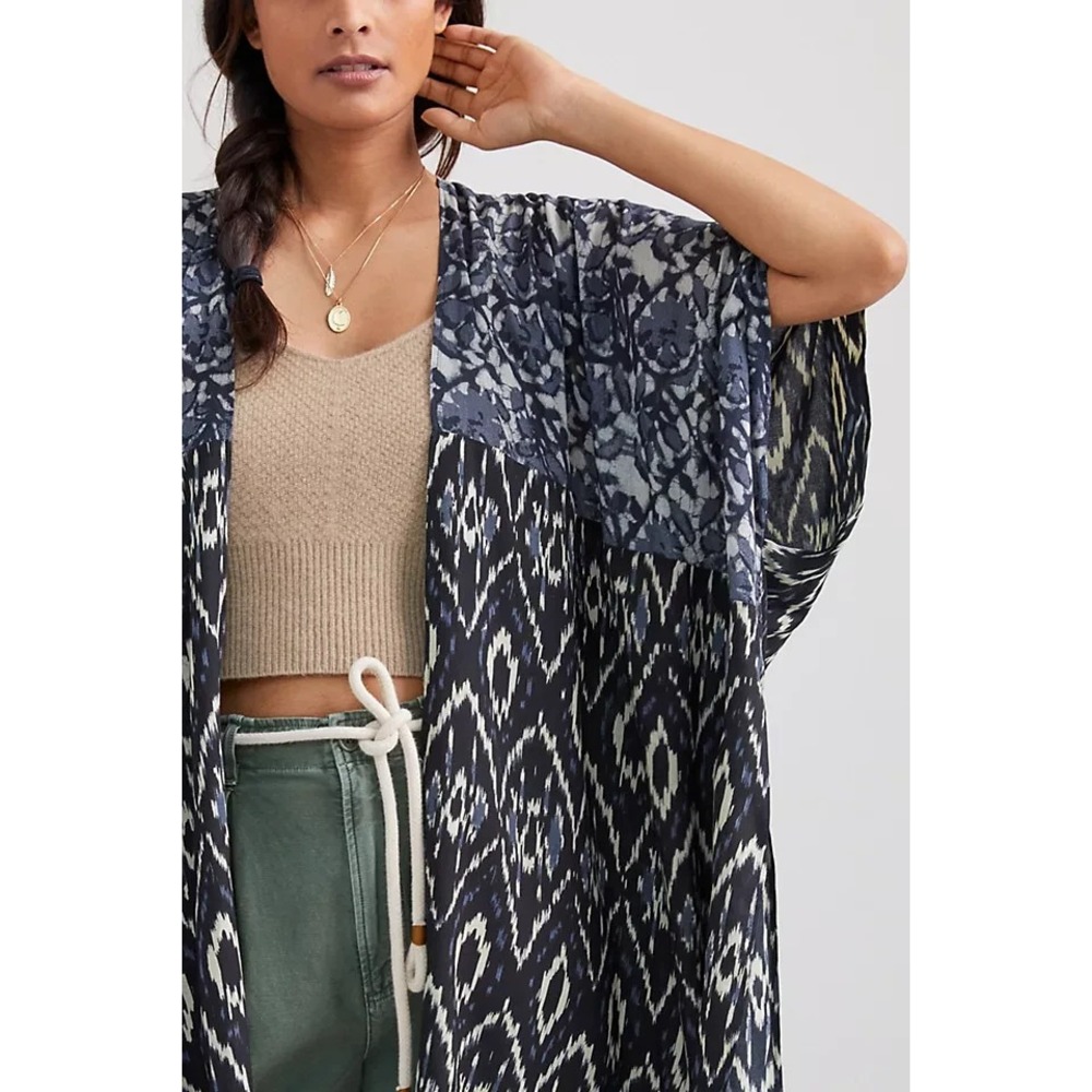 Anthropologie In Our‎ Nature Midnight Kimono Blue Ikat Viscose Size ALL NWT - Picture 10 of 11